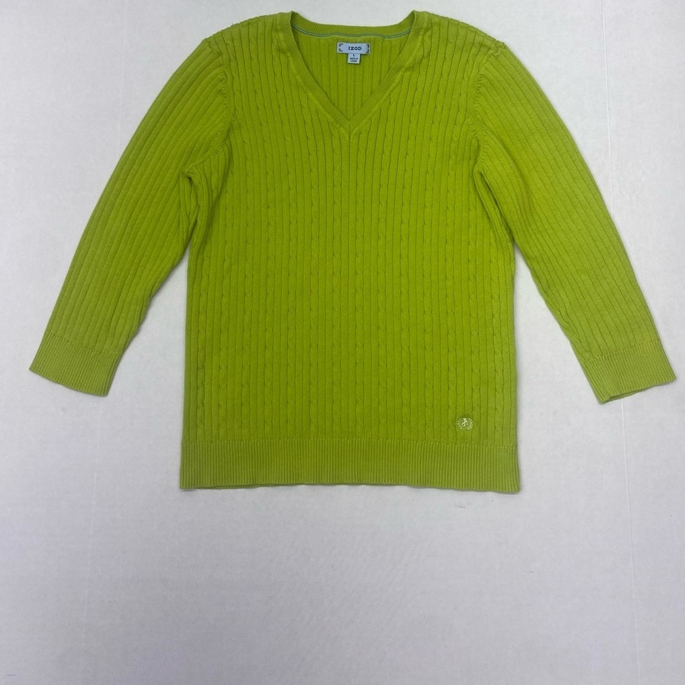 Izod Women's V-Neck Cable Knit Sweater 3/4 SL Lime Green LG PREPPY